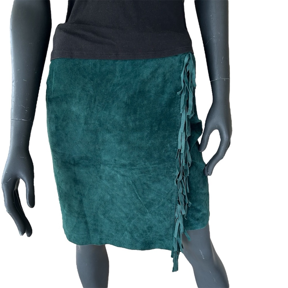 Vintage 90s Green Suede Leather Wrap Skirt with Fringe Western Fall Autumn